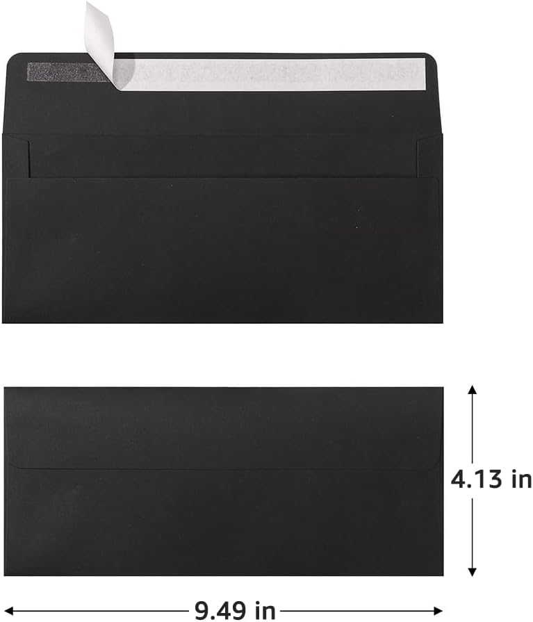 Wishop 100 Pack Colorful #10 Business Envelopes Self Seal Standard Envelopes for Office Checks, Business, Letter Mailing Invoices, 4.13 x 9.49 Inches (Black) - Image 2